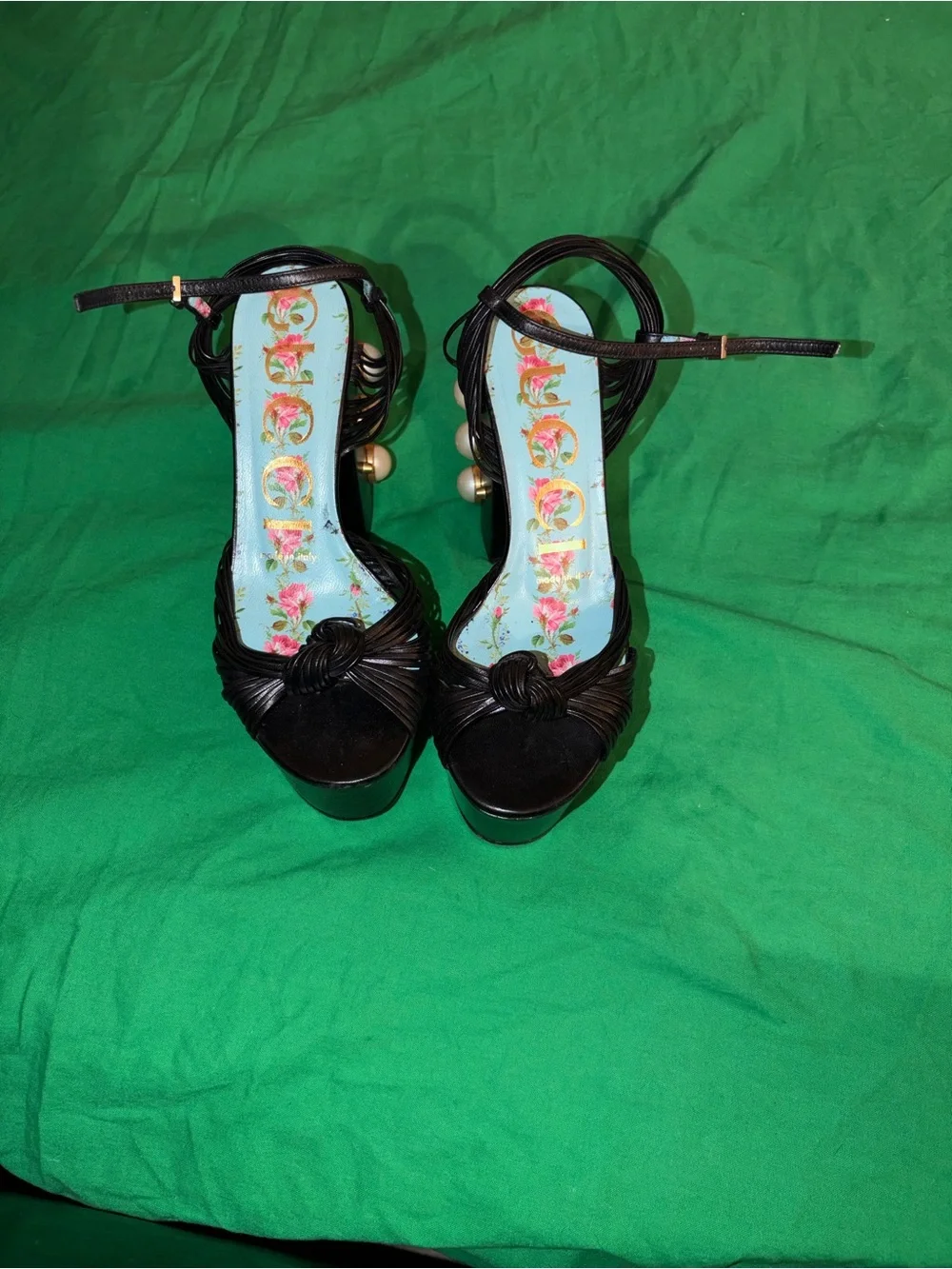 Gucci Black Leather Knotted Platform Sandals with Pearl & Gold Accent
